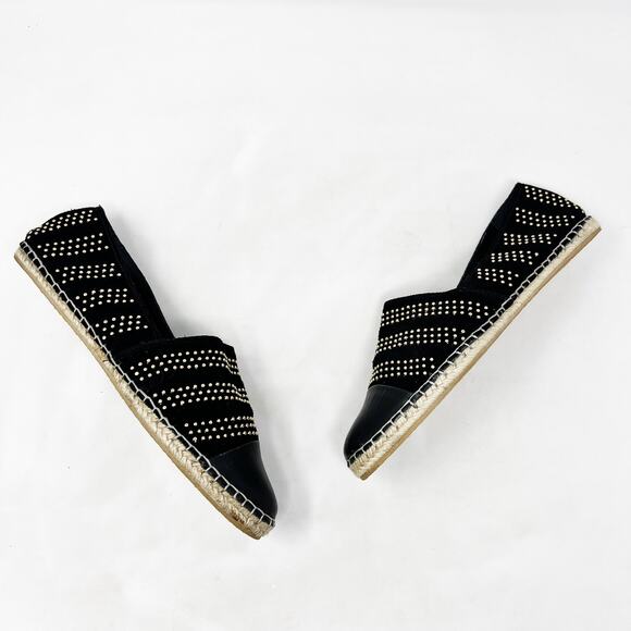 [Loeffler Randall] Black Gold Studded Mara Leather Cap Toe Espadrille Flats Sz 9 - Picture 3 of 12